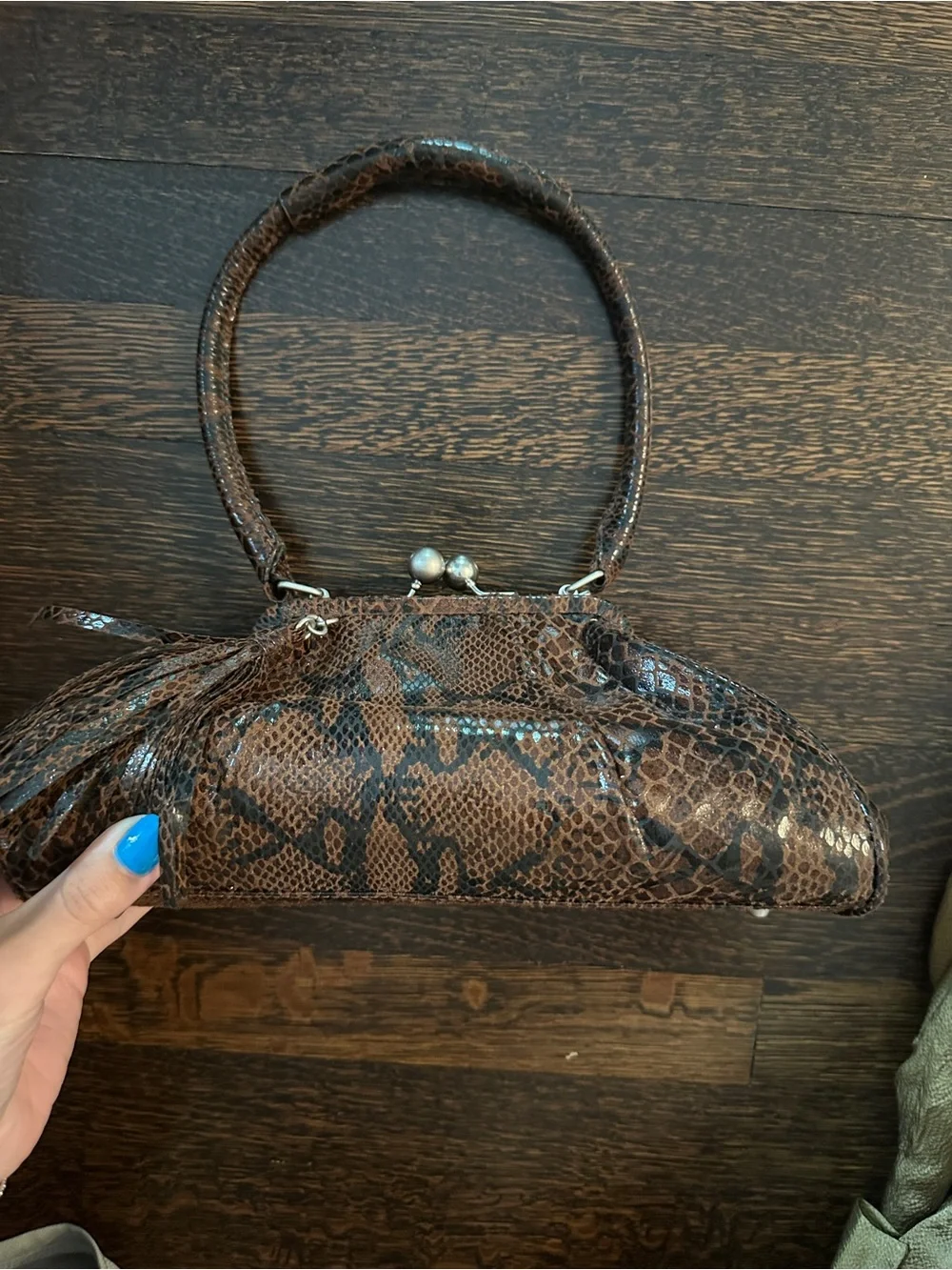 Vintage Adrianna Papell Brown Snake-Print Kisslock Bag